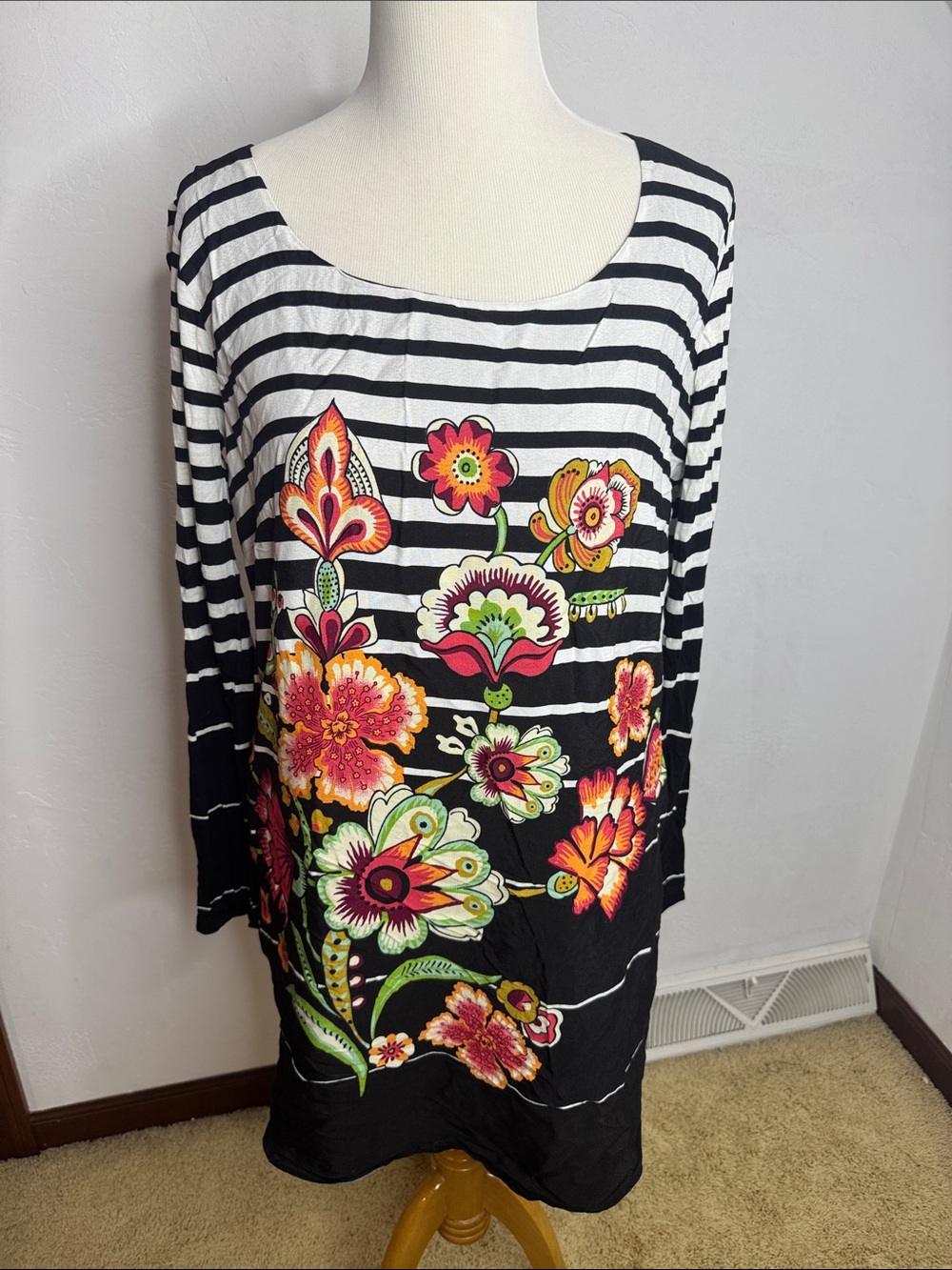 Desigual Striped Striped Black & White Floral Tunic Dress Top Large